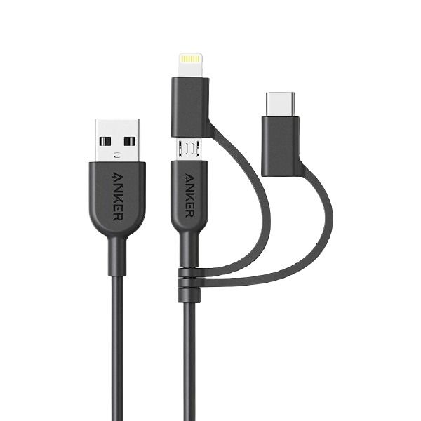 PowerLine II كيبل أنكر 3 في 1 من نوع USB-A إلى Lightning/Micro USB/USB-C مقاس 0.9 متر |أسود PowerLine II كيبل أنكر 3 في 1 من نوع USB-A إلى Lightning/Micro USB/USB-C مقاس 0.9 متر |أسود